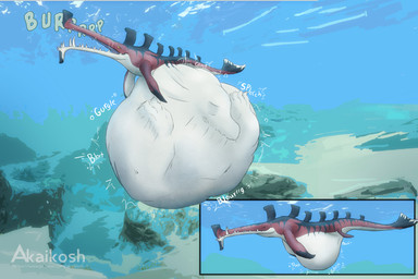 ambiguous_gender belly big_belly black_stripes black_tail burping death digestion duo feral huge_belly open_mouth red_body red_fin rumbling_stomach stripes tail teeth text underwater vore water white_belly akaikosh mythology dragon mythological_creature mythological_scalie scalie stalker_(subnautica) 2024 english_text hi_res watermark