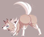 ass_up big_butt butt butt_focus butt_jiggle eyelashes eyeliner female feral fur genitals jiggling looking_back makeup pussy raised_tail solo tail tail_motion tailwag tan_body tan_fur behniis nintendo pokemon canid canine canis generation_7_pokemon lycanroc mammal pokemon_(species) wolf hi_res