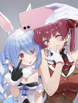 accessory animal_ears bare_shoulders big_breasts black_clothing black_gloves black_handwear black_leotard blue_hair blush bodystocking braided_hair breasts cellphone cleavage clothed clothing cropped_jacket dress electronics female glistening glistening_hair gloves grey_background hair hair_accessory hair_between_eyes handwear jacket leotard long_hair medium_breasts one_eye_closed phone pom_poms pose puckered_lips pupils rabbit_ears red_clothing red_eyes red_hair red_jacket red_topwear ribbons selfie simple_background sleeveless_jacket smartphone symbol-shaped_pupils tongue tongue_out topwear unusual_pupils white_clothing white_dress white_gloves white_handwear yellow_eyes atasom hololive vtuber houshou_marine usada_pekora animal_humanoid human humanoid lagomorph lagomorph_humanoid leporid_humanoid mammal mammal_humanoid rabbit_humanoid half-length_portrait hi_res portrait