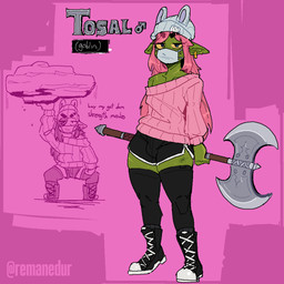 axe battle_axe bottomwear clothed clothing femboy green_body green_skin hair holding_object holding_weapon hotpants humanoid_pointy_ears looking_at_viewer male melee_weapon not_furry pink_hair pointy_ears shirt shorts simple_background solo sweater text thick_thighs topwear weapon wide_hips conditional_dnp remanedur tosal_(remanedur) humanoid orc 1:1 digital_media_(artwork) hi_res