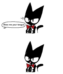 anthro big_breasts black_body black_clothing black_fur black_tail black_topwear black_vest bow_tie breasts cleavage clothed clothing collared_shirt dialogue dress_shirt female fur red_bow_tie shirt simple_background solo tail text tongue tongue_out topwear uniform vest white_background white_clothing white_shirt white_topwear white_undershirt sabgong vingo_(sabgong) domestic_cat felid feline felis mammal