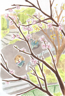 anthro backpack biped bottomwear brown_body brown_fur clothing detailed_background duo fur kemono outside pants plant shirt topwear tree utsuki_maito canid canine canis domestic_dog mammal