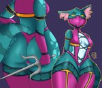 anthro big_butt breasts butt clothing female legwear looking_at_viewer melee_weapon rear_view sai_(weapon) solo thigh_highs weapon wide_hips kairaanix mortal_kombat alice_(kairaanix) mileena domestic_cat felid feline felis mammal 2020