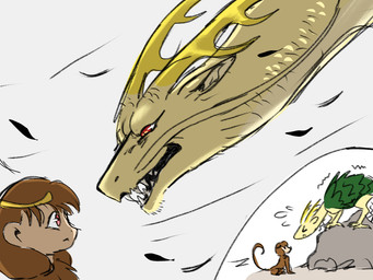 antlers beard brown_body brown_fur duo facial_hair female feral fur horn red_eyes scales yellow_body yellow_scales silverywhite asian_mythology chinese_mythology east_asian_mythology mythology touhou son_biten yachie_kicchou dragon eastern_dragon haplorhine jidiao mammal monkey mythological_creature mythological_scalie primate reptile scalie turtle 4:3