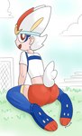 anthro bottomwear butt clothing cosplay football_player football_uniform male red_eyes shorts solo mr_fuwa nintendo pokemon cinderace generation_8_pokemon human mammal pokemon_(species) absurd_res full-length_portrait hi_res portrait