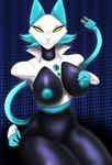 anthro black_body blue_ears blue_hair blue_nipples bottomless breasts button_(fastener) clothed clothing female floating_hands hair hand_on_breast looking_at_viewer machine nipples nude simple_background smile solo topwear white_clothing white_topwear yellow_eyes thedeadtimezone deltarune undertale_(series) tasque_manager darkner felid mammal robot robot_anthro 2021 absurd_res digital_media_(artwork) hi_res