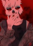 anthro black_eyes clothing jacket looking_at_viewer male red_background red_eyes simple_background sleeveless_shirt smoke smoking solo topwear white_body yeetboi420z ykaru_(sleepycoffeecup) felid mammal