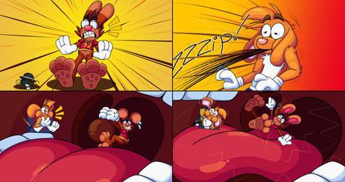 3_toes 4_fingers anthro big_feet bottomwear cartoon_gloves cartoon_physics cheek_bulge clothing duo eyebrows feet fingers inside_mouth macro male male/male mawplay micro pants pawpads paws red_tongue soft_vore soles surprised tail text toes tongue toony toony_expression toony_eyes uvula uvula_grab uvula_play vore wide_tongue doggydog doggydog_(character) roderick_(tamerkoh) toon_doggydog_(doggydog) canid canine canis domestic_dog lagomorph leporid mammal rabbit absurd_res comic english_text hi_res