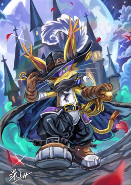 anthro belt boots cape castle clothing footwear full_moon fur gloves green_eyes handwear hat headgear headwear male mask melee_weapon moon rapier shoes solo sword weapon yellow_body yellow_fur kou_glass_seed bandai_namco digimon digimon_liberator digimon_(species) felid feline mammal nyabootmon hi_res