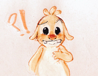 4_fingers ambiguous_gender antennae_(anatomy) black_eyes blush buckteeth confusion dipstick_antennae eyebrows fingers fur interrobang looking_at_viewer multicolored_antennae raised_eyebrow red_nose solo teeth yellow_body yellow_fur ghost_hatter disney lilo_and_stitch reuben_(lilo_and_stitch) alien experiment_(lilo_and_stitch) 2017 reaction_image traditional_media_(artwork)