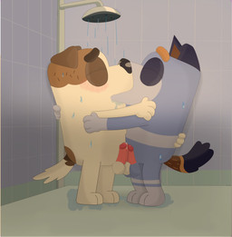 anthro balls blush bodily_fluids duo erection frottage genital_fluids genitals holding_each_other kiss_on_lips kissing male male/male on_model penile penis penises_touching precum sex shower wet courtzside45 bluey_(series) jack's_dad_(bluey) stripe_heeler canid canine mammal absurd_res hi_res