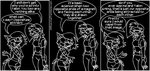 animatedjames anthro archived_source black_and_white bottomwear canid canine clothing comic dialogue duo english_text eye_contact female fluffy fluffy_tail fox hair human humor looking_at_another macy mammal monochrome nova_(animatedjames) pants shirt shorts simple_background smile speech_bubble tail text topwear