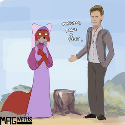 anthro bottomwear clothed clothing dialogue dress duo female female_anthro fur hair humor male male_human outside pants tail text topwear veil magnetus disney robin_hood_(disney) chris_hansen maid_marian canid canine fox human mammal red_fox true_fox 1:1 digital_media_(artwork) english_text hi_res sketch