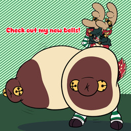 anthro antlers areola barbell_piercing bell bell_choker bell_piercing big_areola big_breasts breasts brown_nipples chest_tuft choker clothing countershading dialogue eyelashes female freckled_face freckles fur green_eyes green_hair hair holidays hooves horn huge_areola huge_breasts hyper hyper_breasts jewelry legwear long_eyelashes markings motion_lines necklace nipple_dip nipple_piercing nipples pattern_clothing pattern_legwear pattern_stockings piercing puffy_nipples red_body red_fur simple_background solo spot_freckles spots spotted_body spotted_face spotted_fur spotted_markings spotted_tail stockings striped_clothing striped_legwear striped_stockings stripes tail tail_markings tan_body tan_countershading tuft sprucy christmas deer mammal new_world_deer reindeer hi_res