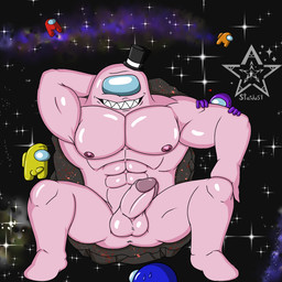 abs anus asteroid balls bodily_fluids clothing fangs genitals hat headgear headwear lying male nervous nervous_sweat nipples non-mammal_balls non-mammal_nipples orange_body pecs penis pink_body purple_body red_body rock space sweat teeth top_hat topwear yellow_body fafnir_stardust_(artist) among_us innersloth crewmate_(among_us) impostor_(among_us) humanoid 1:1