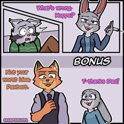 anthro body_swap body_theft bottomwear clothing dart dialogue female fur grey_body grey_fur group male orange_body orange_fur pants pointy_ears rabbit_ears sweater text topwear trio swapxolotl disney zootopia judy_hopps milton_lynxley nick_wilde pawbert_lynxley canada_lynx canid canine european_rabbit felid feline fox lagomorph leporid lynx mammal oryctolagus rabbit red_fox true_fox 1:1 comic english_text hi_res