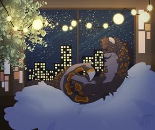 anthro bed big_tail black_body black_fur city city_background detailed_background eyes_closed fur furniture grey_body grey_fur lights lying male markings night on_back orange_body orange_fur orange_markings plant resting solo spots tail window marpemn rye_(loaf) felid feline mammal pantherine snow_leopard absurd_res hi_res