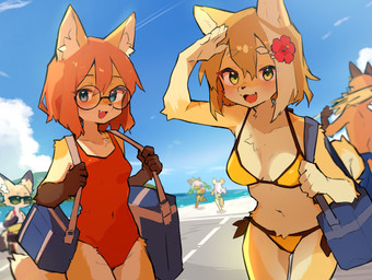 anthro beach biped blonde_hair blue_eyes clothing detailed_background duo_focus eyewear female fur glasses group hair male one-piece_swimsuit open_mouth orange_body orange_fur orange_hair outside red_one-piece_swimsuit swimwear tan_body tan_fur two-piece_swimsuit yellow_body yellow_eyes yellow_fur lilkon rin_(lilkon) yumi_(lilkon) canid canine canis domestic_dog fox mammal absurd_res hi_res