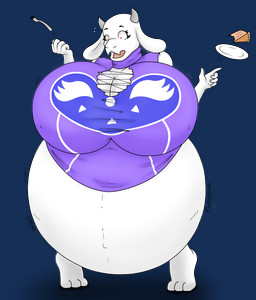 2_horns anthro barefoot belly belly_inflation big_belly big_breasts breast_expansion breasts cleavage clothed clothing cutlery delta_rune_(emblem) dessert expansion eyelashes fangs feet female food fork fur horn huge_belly huge_breasts hyper hyper_belly inflation kitchen_utensils long_ears navel nipple_outline outie_navel pastry pie plate purple_clothing red_eyes simple_background solo surprised symbol teeth tools torn_clothing transparent_background white_body white_fur day-tripper-guy undertale undertale_(series) toriel boss_monster_(undertale) bovid bovine caprine mammal absurd_res alpha_channel digital_media_(artwork) hi_res