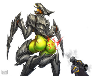 ambiguous_gender armor big_butt blood bodily_fluids butt cape clothing duo headgear helmet open_mouth ranged_weapon rocket_launcher sharp_teeth smoke spikes spikes_(anatomy) teeth weapon kory_cromie helldivers alien arthropod bile_titan human insect mammal terminid 6:5 hi_res signature