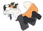 anthro black_body black_clothing black_footwear black_fur black_socks business_attire business_suit clothed clothing dipstick_tail electronics eyebrows facial_hair feet feet_in_air fluffy fluffy_tail foot_focus footwear fully_clothed fur humanoid_feet lying male markings mature_male necktie on_front on_phone orange_body orange_fur phone plantigrade simple_background socks solo suit tail tail_markings thick_eyebrows white_body white_fur milkybot canid canine fox mammal hi_res