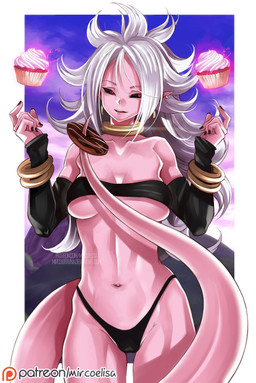 arm_warmers armwear bandeau black_clothing black_nails black_sclera border bracelet breasts clothed clothing cloud colored_nails cupcake dessert doughnut ear_piercing ear_ring female food gold_(metal) gold_jewelry hair hoop_ear_ring humanoid_pointy_ears jewelry long_hair midriff nails navel navel_rim neck_ring not_furry open_mouth open_smile outside pastry piercing pink_body pink_skin pink_tail pointy_ears red_eyes ring_piercing skimpy sky smile solo tail teeth text thick_tail topwear under_boob white_border white_hair mircoelisa dragon_ball dragon_ball_fighterz android_21 majin_android_21 alien alien_humanoid humanoid majin 2018 hi_res url watermark