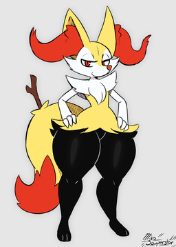 ambiguous_gender anthro black_body black_fur front_view fur grey_background half-closed_eyes looking_at_viewer narrowed_eyes nude pokemorph pupils red_eyes red_nose simple_background smile smirk solo stick thick_thighs white_body white_fur wide_hips yellow_body yellow_fur miso_souperstar nintendo pokemon braixen canid canine generation_6_pokemon mammal pokemon_(species) 2025 absurd_res digital_media_(artwork) hi_res