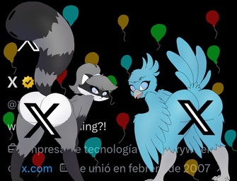 anthro big_butt birthday butt female male male/female x_logo kaicitoelmapache twitter kaicito tweetfur avian bird mammal procyonid raccoon absurd_res hi_res meme
