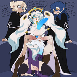 anthro balls beard black_clothing black_robe blonde_hair blue_background blue_eyes blue_hair blue_penis bodily_fluids boots clothing cum dialogue dress facial_hair footwear genital_fluids genitals gold_accessories group hair head_wings legwear long_ears long_nails magic_user magician male male/male orphan penis priests purple_clothing purple_dress religion robe shoes simple_background size_difference slight_blush small_dom_big_sub spiral spiral_eyes star_eyes stockings tongue unusual_wing_placement white_beard white_body white_facial_hair wings astra_lupus sinfrou astallar_morningbright angel cherubim human humanoid mammal primate absurd_res flat_colors hi_res