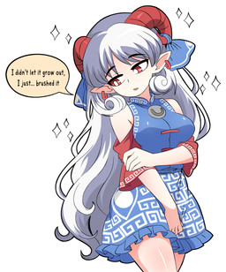 accessory black_outline blue_clothing blue_dress bovid_horn breasts caprine_horn clothing curly_hair dress ear_piercing ear_ring female furgonomics hair horn horn_accessory horn_ribbon humanoid_pointy_ears long_hair outline piercing pointy_ears pupils red_eyes red_horn ribbons ring_piercing simple_background solo sparkles speech_bubble text white_background white_hair white_pupils rui_hill touhou yuuma_toutetsu animal_humanoid bovid bovid_humanoid caprine caprine_humanoid horned_humanoid humanoid mammal mammal_humanoid absurd_res english_text hi_res