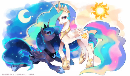blue_hair crown cutie_mark duo ethereal_hair feathered_wings feathers female feral hair headgear horn long_hair looking_at_viewer lying moon princess quadruped royalty standing sun tail tiara wings suizilla friendship_is_magic hasbro my_little_pony mythology princess_celestia_(mlp) princess_luna_(mlp) equid equine mammal mythological_creature mythological_equine winged_unicorn sibling_(lore) sister_(lore) sisters_(lore)