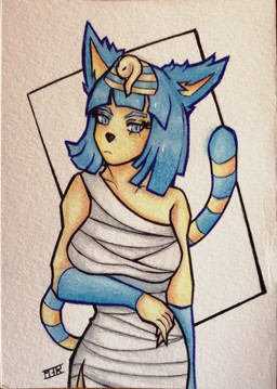 5_fingers anthro bandage bangs bent_arm biped black_nose blue_eyebrows blue_eyes blue_tail breasts closed_frown clothed clothed_anthro clothed_female clothing dress eyebrows female female_anthro fingers fluffy_ears frown frowning_at_viewer fur long_tail looking_at_viewer markings medium_breasts medium_hair mouth_closed pupils simple_background slit_pupils solo standing striped_markings striped_tail stripes tail tail_markings tan_background two_tone_tail white_clothing white_dress white_sclera yellow_body yellow_fur yellow_inner_ear yellow_stripes monstergirlreality animal_crossing nintendo ankha_(animal_crossing) felid feline mammal 2021 colored colored_pencil_(artwork) english_description half-length_portrait hi_res marker_(artwork) portrait shaded signature traditional_media_(artwork)