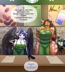 5_fingers amber_eyes anthro apron apron_only big_breasts biped black_hair blue_eyes blue_hair breasts clothing container cup duo feathered_wings feathers female fingers front_view fur green_apron green_clothing hair holding_container holding_cup holding_object holding_pen horn huge_breasts inside leaning leaning_forward menu menu_board nipple_outline pen smile speech_bubble text white_horn wings arinadler i_mean_breast_milk cassiopeia_(arinadler) coco_(arinadler) bovid bovine cattle mammal 2023 digital_media_(artwork) english_text hi_res meme signature