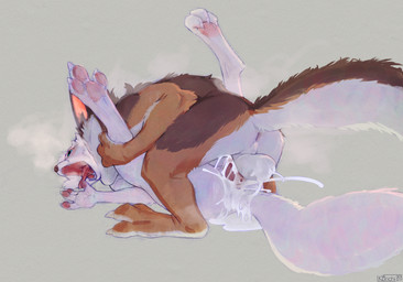 3_toes anal anal_penetration anthro anthro_on_anthro anthro_penetrated anthro_penetrating anthro_penetrating_anthro anus balls big_balls bite bodily_fluids brown_body brown_fur cum cum_in_ass cum_inside curling_toes dominant dominant_male duo excessive_cum excessive_genital_fluids feet femboy from_front_position fur genital_fluids genitals looking_pleasured lying male male/male male_penetrated male_penetrating male_penetrating_male mating_press neck_bite on_back open_mouth pawpads penetration penile penile_penetration penis_in_ass pink_pawpads rough_sex sex submissive submissive_male toes white_body white_fur korichi korichi_(character) moses_(samur_shalem) canid canine canis coyote fox hybrid mammal wolf hi_res signature
