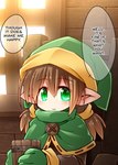barrel brown_hair child clothed clothing cute_fangs digital_media_(artwork) elf english_text female flat_chested gloves green_cap green_clothing green_gloves green_handwear hair handwear hat headgear headwear hi_res humanoid humanoid_pointy_ears kso light_body light_skin looking_at_viewer not_furry phrygian_cap solo speech_bubble tankard text young young_humanoid