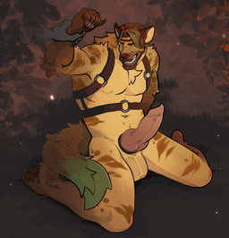 5_fingers ambiguous_gender animal_genitalia animal_penis anthro arm_grab balls big_penis brown_pawpads canine_genitalia canine_penis chest_tuft claws disembodied_hand duo erection fingers genitals grass hair harness kneeling knot knotted_penis male male/ambiguous navel nude on_grass on_ground outside pawpads penis plant snout tail teeth tuft maison_6 hyena mammal hi_res