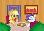 apple blue_eyes burger chair clothing cowboy_hat duo female female/female food fruit furniture green_eyes hat headgear headwear horn open_mouth plant sitting table handgunboi friendship_is_magic hasbro my_little_pony mythology steamed_hams the_simpsons applejack_(mlp) rarity_(mlp) equid equine horse mammal mythological_creature mythological_equine pony unicorn hi_res