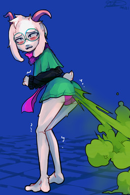 2_horns adolescent anthro barefoot biped black_clothing black_eyebrows black_eyes black_sweater black_topwear blue_background blush bodily_fluids bulge butt clothed clothed_anthro clothed_male clothing crossdressing curved_horn eyebrows eyewear fart fart_cloud fart_fetish feet femboy fingers flesh_fang floppy_ears fur furgonomics glasses green_clothing green_eyewear green_fart_cloud green_glasses green_robe horn knock-kneed long_sleeves male male_anthro male_farting open_mouth panties pink_tongue plantigrade purple_clothing purple_horn purple_panties purple_scarf purple_underwear robe round_glasses scarf scut_tail shaking short_tail simple_background snout solo standing sweat sweater sweaty_face tail tongue topwear trembling underwear white_body white_ears white_fur white_tail young young_anthro young_male usagaijin deltarune undertale_(series) ralsei bovid caprine mammal 2021 absurd_res dated hi_res signature textless