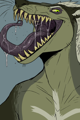 anthro black_insides black_mouth black_tongue blue_background bodily_fluids dripping front_view green_body green_eyes looking_at_viewer male mouth_shot nude open_mouth saliva saliva_drip saliva_on_tongue saliva_string simple_background solo teeth tongue tongue_out unsigned whiskers yellow_sclera yellow_teeth swampjaws sludge_(imperatorcaesar) aquatic archaeocete cetacean mammal pakicetid pakicetus prehistoric_species 2:3 absurd_res bust_portrait hi_res portrait