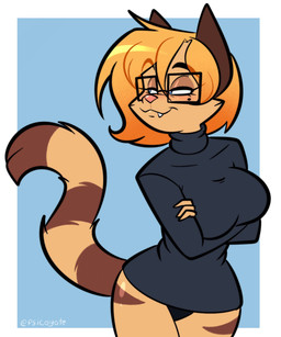 anthro blonde_hair blue_eyes breasts clothing collarbone crossed_arms eyebrows eyelashes eyewear fangs female glasses hair mole_under_eye panties solo striped_body stripes sweater tan_body teeth topwear underwear psicoyote cassandra_(psicoyote) domestic_cat felid feline felis mammal 2026 hi_res