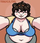 ambiguous_gender ambiguous_pov belly big_breasts blue_clothing blue_shirt blue_t-shirt blue_topwear blush blush_stickers bra breasts brown_ears brown_hair clothing collarbone deep_navel eyes_always_closed eyes_closed female first_person_view front_view hair hug hugging_viewer light_body light_skin mature_female mature_humanoid navel orange_background orange_hairband overweight overweight_female overweight_humanoid pink_inner_ear round_ears shirt simple_background smile smiling_at_viewer solo t-shirt topwear underwear white_bra white_clothing white_underwear wide_hipped_female wide_hipped_humanoid wide_hips maniacalfork mimi_(fourofour) animal_humanoid bear humanoid mammal mammal_humanoid ursid_humanoid 2019 colored shaded