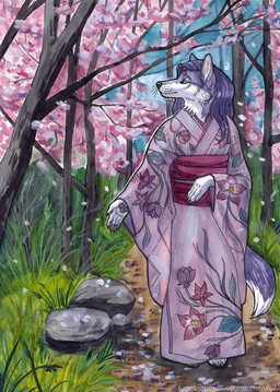 anthro black_nose blue_sky clothed clothing day female female_anthro front_view fur grass hair mouth_closed outside plant purple_body purple_eyes purple_fur purple_hair rock sky solo standing tree whiskers white_body white_fur heatherwolf canid canine fox mammal full-length_portrait portrait