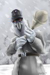 anthro clothing feathers hat headgear headwear male red_eyes snow solo weapon world_war_2 hazarts accipitriform avian bird vulture 2:3 hi_res