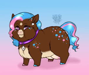 blue_hair blue_hooves blue_tail brown_body brown_fur closed_smile collar collar_only countershade_torso countershading crotch_breasts female female_feral feral fur gem gradient_background hair highlights_(coloring) hooves markings mouth_closed nipples nude pearl_(gem) pink_highlights pink_hooves purple_collar purple_eyes simple_background smile solo spots spotted_markings tail bloodandroses fluffy_pony fluffy_pony_(species) mammal 2025 signature