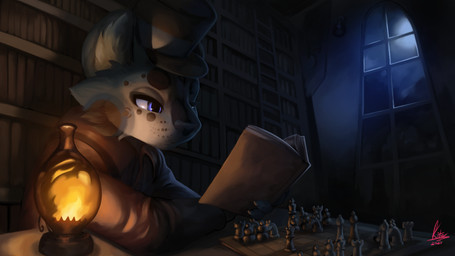 anthro blue_eyes book bookshelf chess clothing cloud detailed_background furniture hat headgear headwear inside lamp male moon night reading reading_book solo top_hat window kite512 sirstompypaws felid mammal pantherine snow_leopard 16:9 2020 digital_media_(artwork) hi_res widescreen