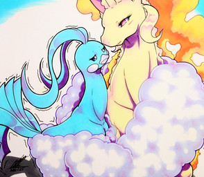 ambiguous_gender beak blue_body blue_feather_hair blue_feathers blush blush_lines duo eyelashes feathers feral fire flaming_hair flaming_mane fur grey_eyes horn hug mane pink_eyes pseudo_hair pseudo_mane shaking simple_background tail trembling yellow_body yellow_fur 025aki mythology nintendo pokemon altaria avian bird equid equine generation_1_pokemon generation_3_pokemon mammal mythological_creature mythological_equine pokemon_(species) rapidash unicorn 2026 absurd_res dated hi_res signature