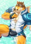 abs absurd_res anthro barrel_(live_a_hero) beach bulge canid canine canis clothing countershading eyewear fingerless_gloves gloves goggles gohki_shiranui handwear hi_res keijimohumohu lifewonders live_a_hero male mammal muscular muscular_anthro muscular_male one_eye_closed partially_submerged pecs seaside solo swimwear water wink wolf