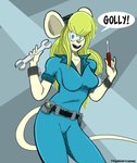 anthro blonde_hair bodysuit breasts cleavage clothed clothing dialogue female hair holding_object holding_screwdriver holding_tool holding_wrench looking_at_viewer open_mouth screwdriver simple_background skinsuit solo text tight_clothing tools toony wrench chip_'n_dale_rescue_rangers disney gadget_hackwrench mammal mouse murid murine rodent english_text hi_res