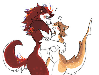 >_< ambiguous_gender anthro anthro_on_anthro blush breath chest_tuft countershading duo eyes_closed featureless_crotch inner_ear_fluff musical_note musical_symbol navel nude_anthro shark_tail simple_background size_difference symbol tail tuft hangarafterdark sile aquatic canid canine canis domestic_cat felid feline felis fish hybrid mammal shark wolf 2022 digital_drawing_(artwork) digital_media_(artwork) microsoft_paint_(artwork) nonbinary_(lore)