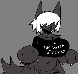 anthro belly black_clothing black_crop_top black_shirt black_topwear bottomless bottomless_anthro bottomless_female claws clothed clothing collarbone crop_top directional_arrow female finger_claws front_view fur grey_background grey_body grey_ears grey_fur grey_pubes grey_tail hair hair_over_eyes huge_hips pubes sharp_teeth shirt simple_background solo tail teeth text text_on_clothing text_on_topwear topwear white_claws white_hair white_text wide_hipped_anthro wide_hipped_female wide_hips xarop77 i'm_with_stupid sheep_(xarop77) canid canine canis mammal wolf 2024 digital_drawing_(artwork) digital_media_(artwork) half-length_portrait portrait